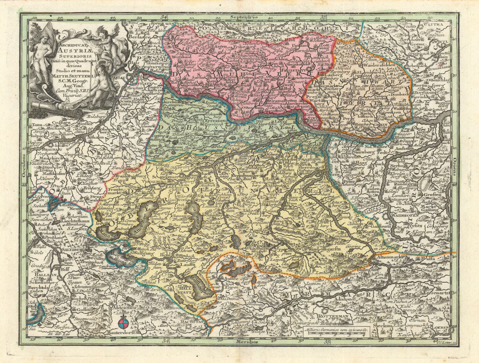 Archiducat. Austriae Superioris. Archduchy of Upper Austria. Seutter c1744 map